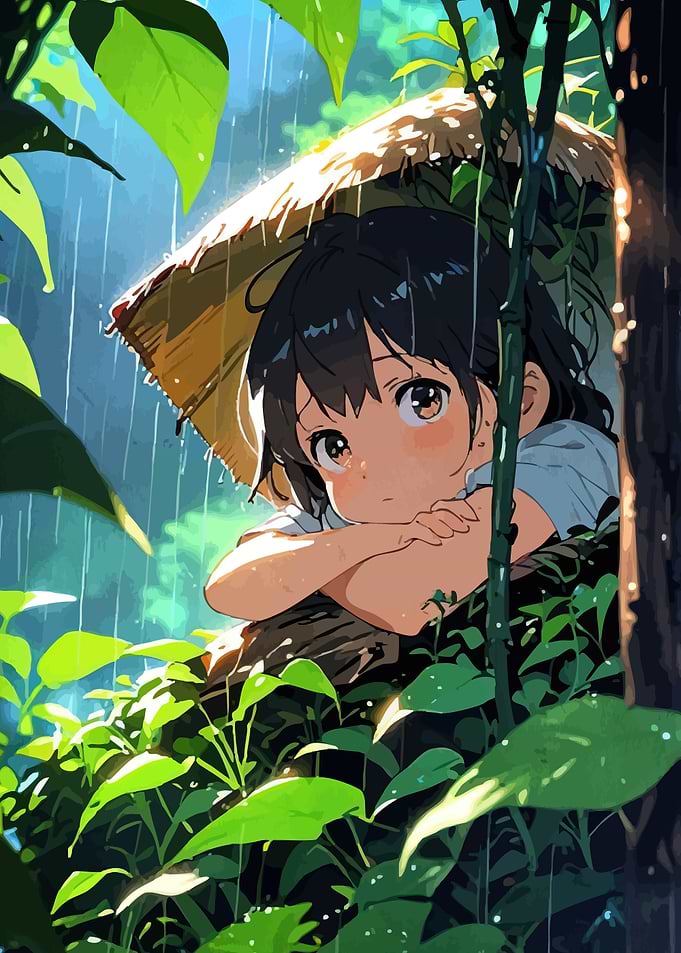 Anime Girl Rain Straw Hat