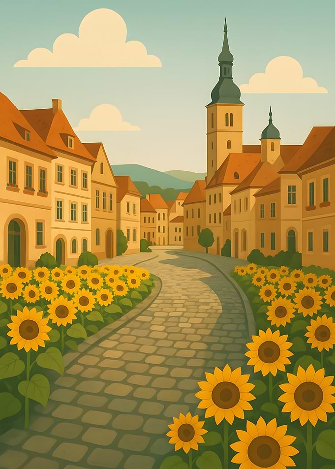 Sunflower-lined street in a European town