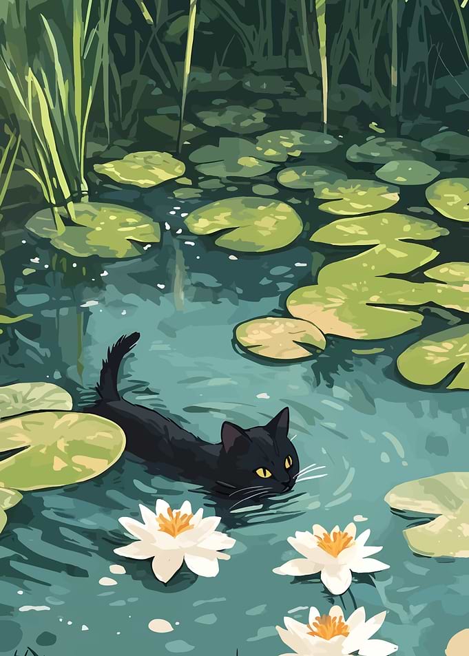 Black Cat Swimming in Lily Pond