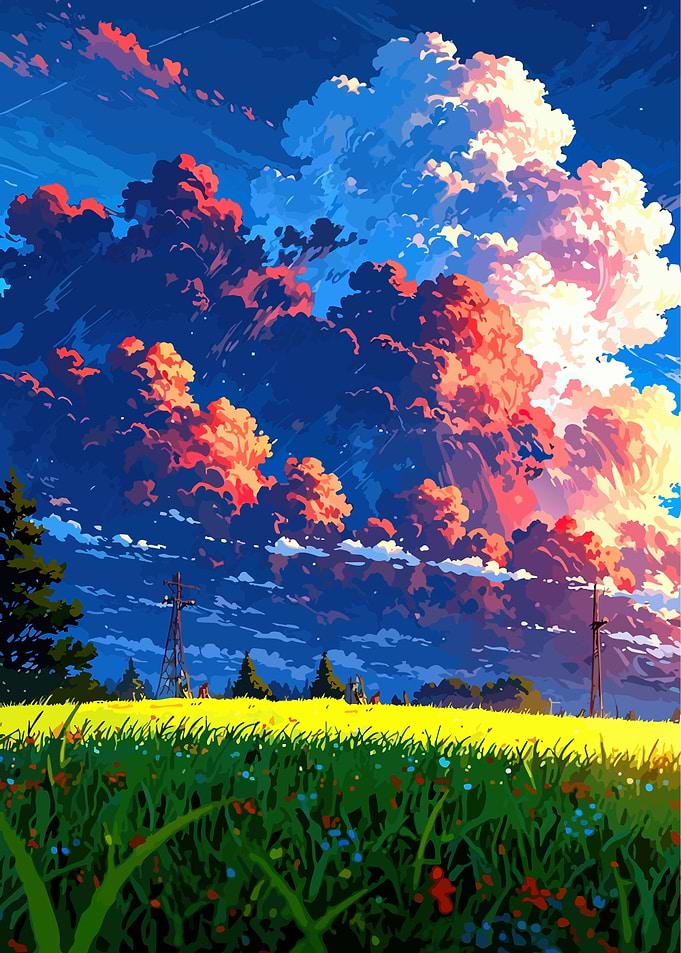 Anime Landscape with Clouds and Field
