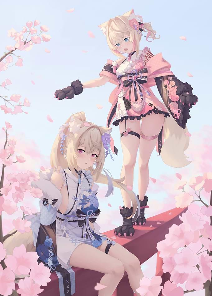 Anime Girls with Fox Ears and Cherry Blossoms