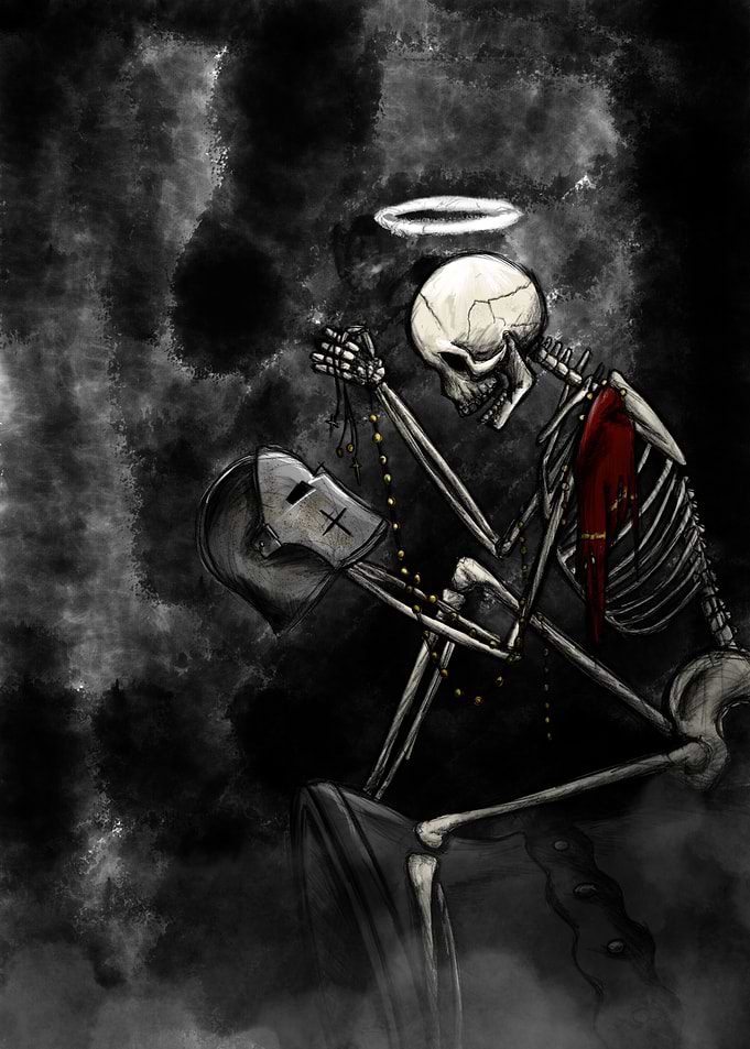 Praying Skeleton with Halo and Masked Figure