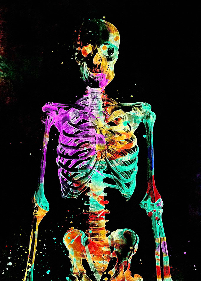 Colorful Watercolor Skeleton on Black Background