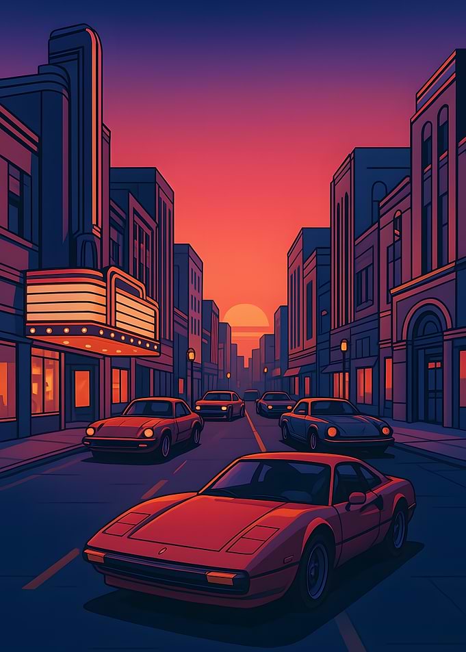 Retro Cars on City Street at Sunset