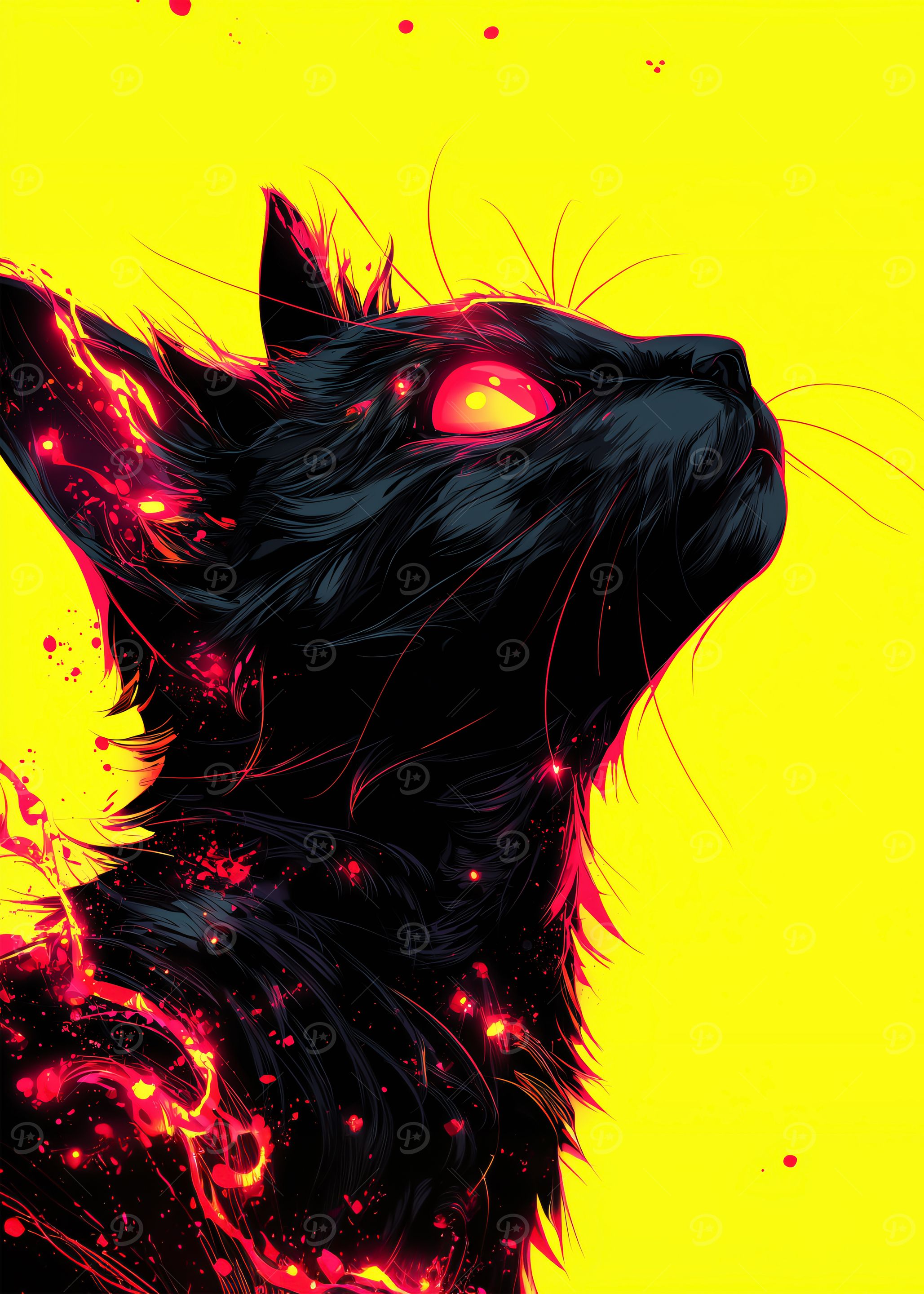 Fiery Black Cat on Yellow Background