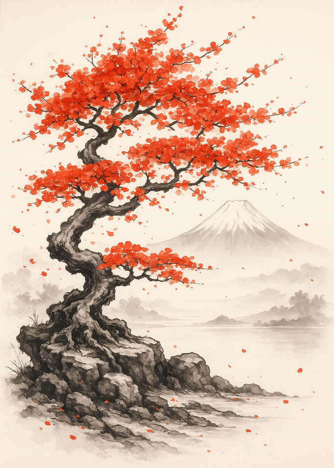 Japanese Landscape with Red Tree and Mountain