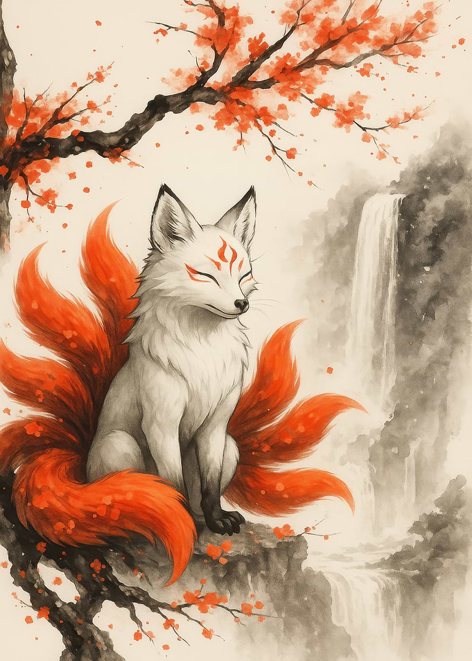 Nine-tailed Fox by Waterfall