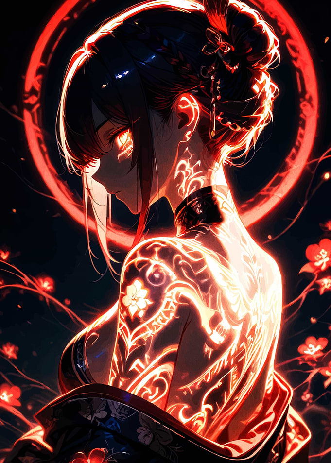 Anime Girl with Glowing Tattoos and Kimono