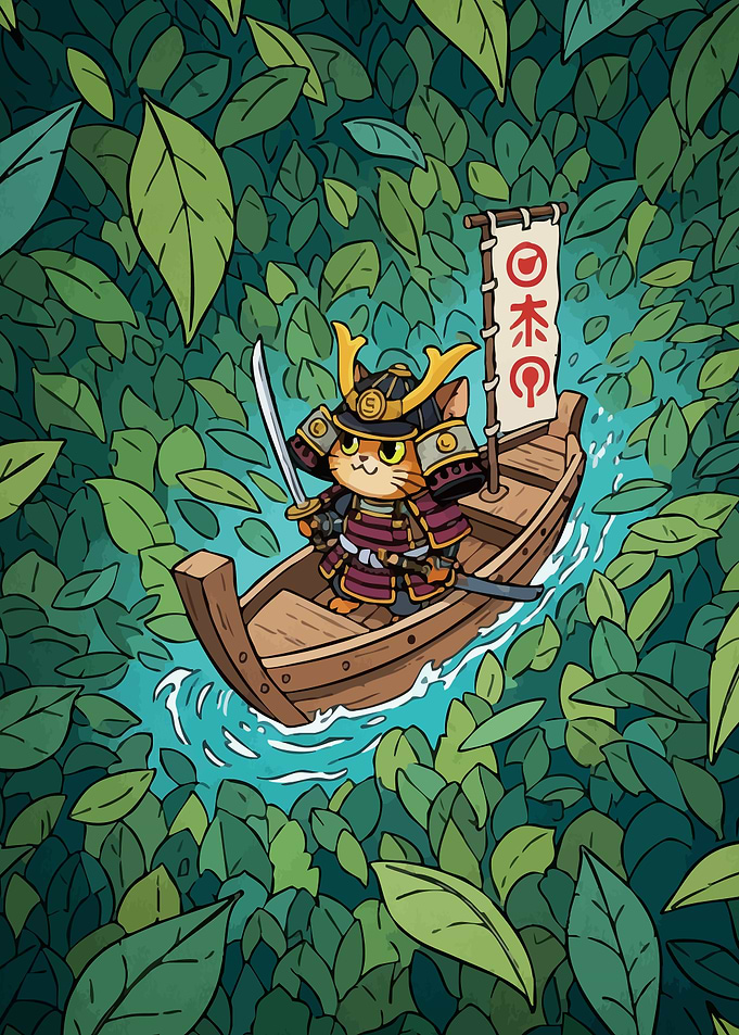 Samurai Cat Boat Leaves
