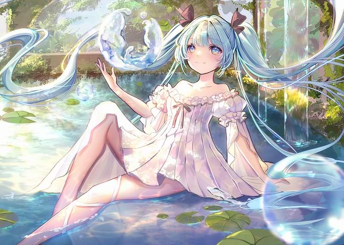 Anime Girl in Water Garden