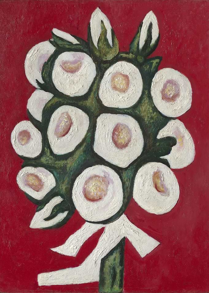 Abstract Floral Painting on Red Background
