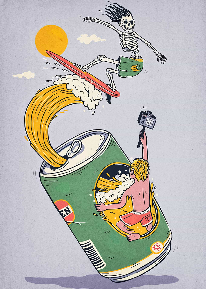Surfing Skeleton and Beer Can Adventure