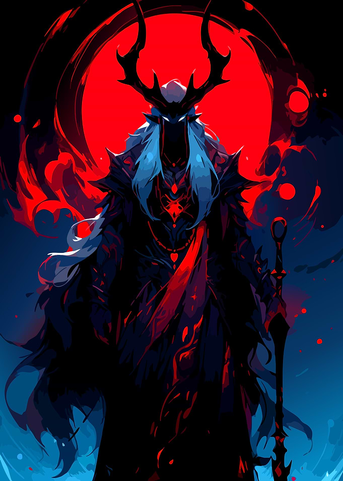 Dark Fantasy Character with Antlers and Staff