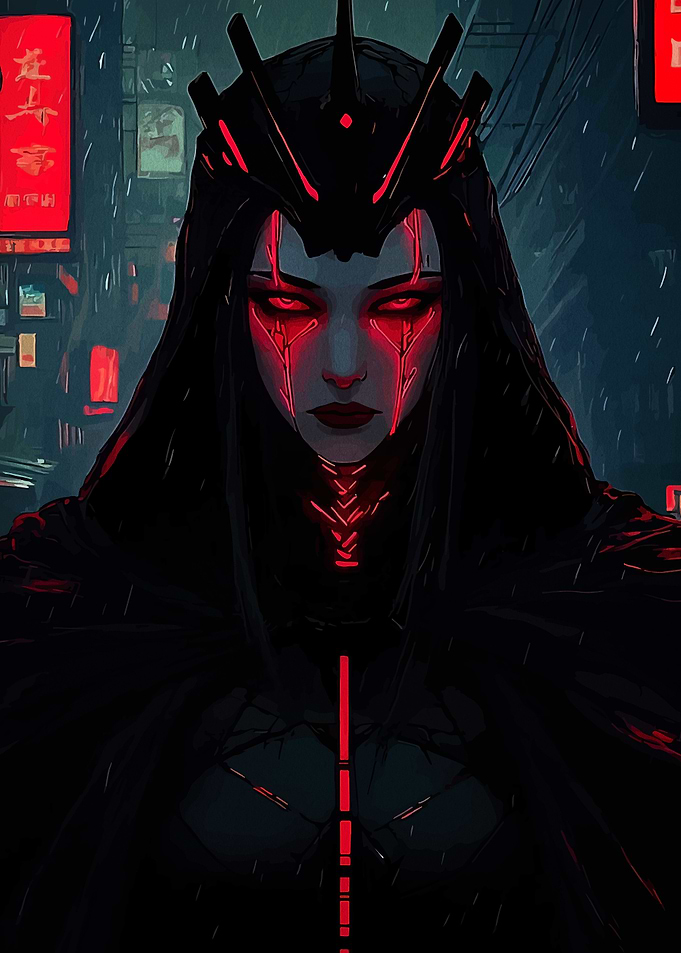 Cyberpunk Queen in Rainy Cityscape