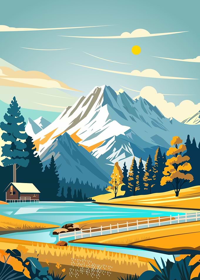 Mountain Landscape with Cabin and Lake