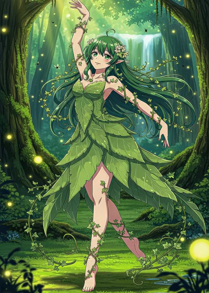 Anime Elf in Forest Leaf Dress