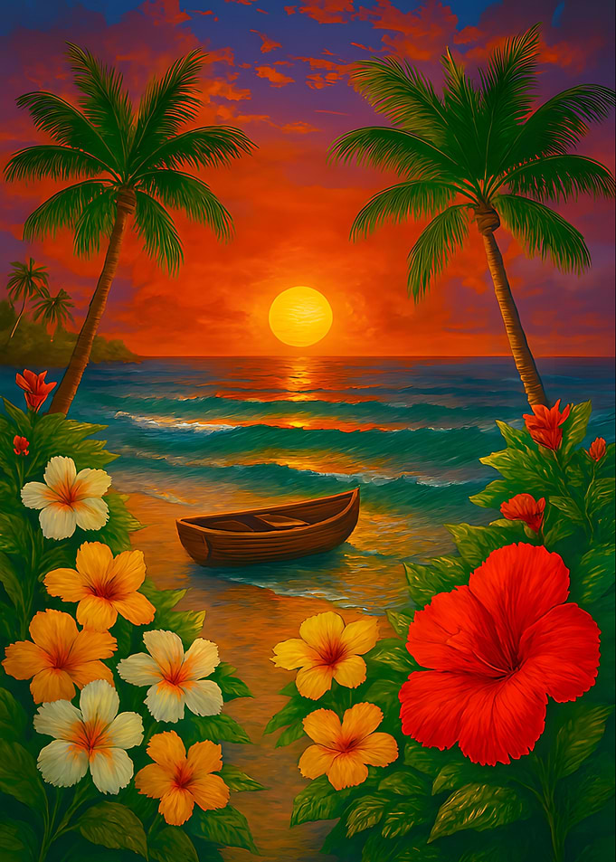 Tropical beach sunset with boat and flowers