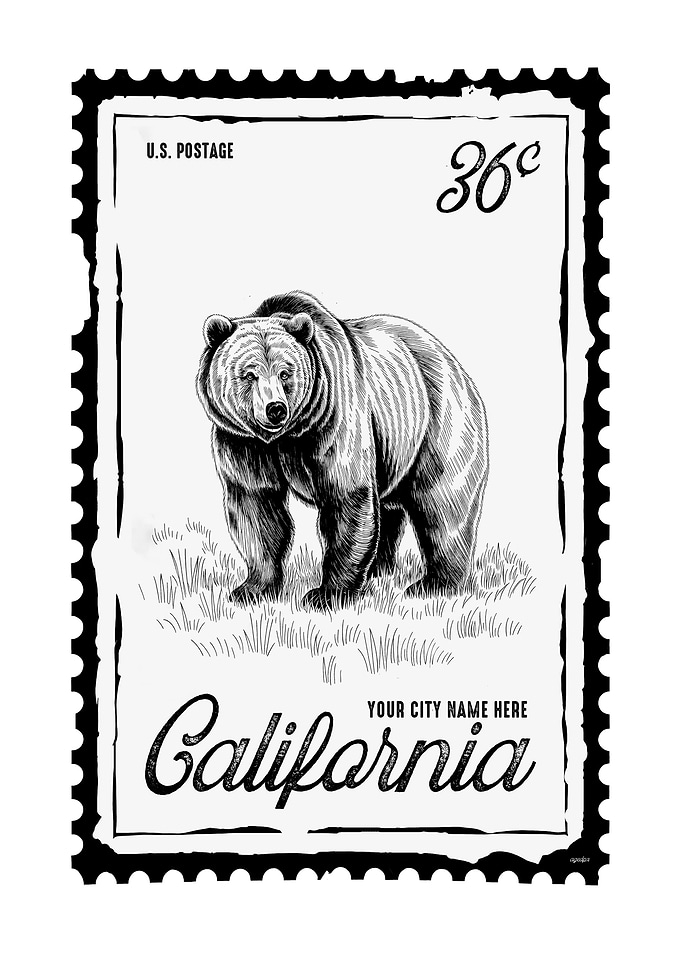 California Bear Postage Stamp Art