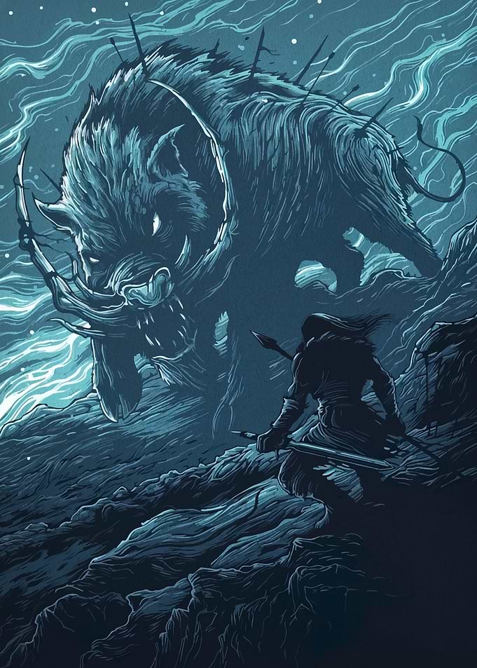 Fantasy Hunter Confronts Giant Boar