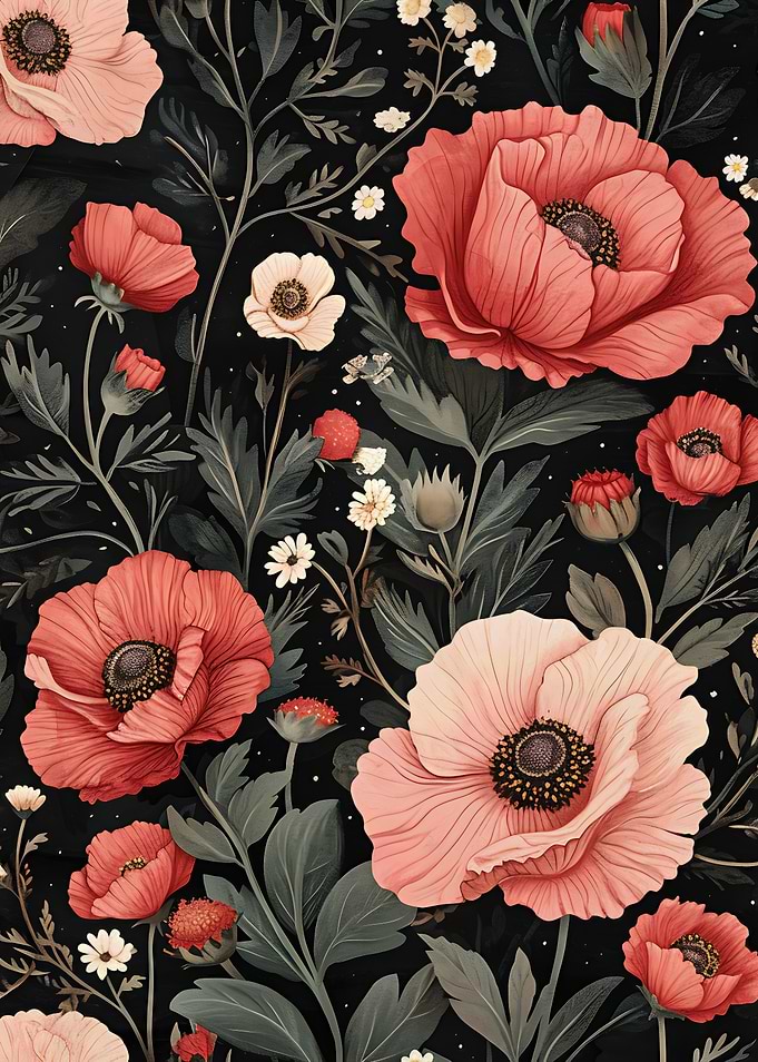 Floral Pattern with Red and Pink Poppies