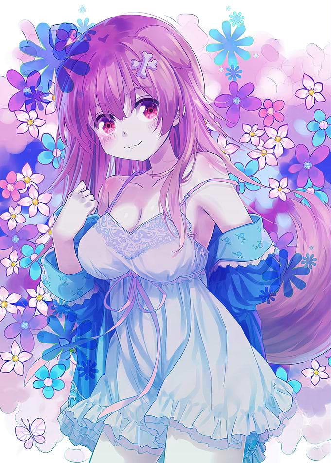 Anime Girl in Nightgown with Floral Background