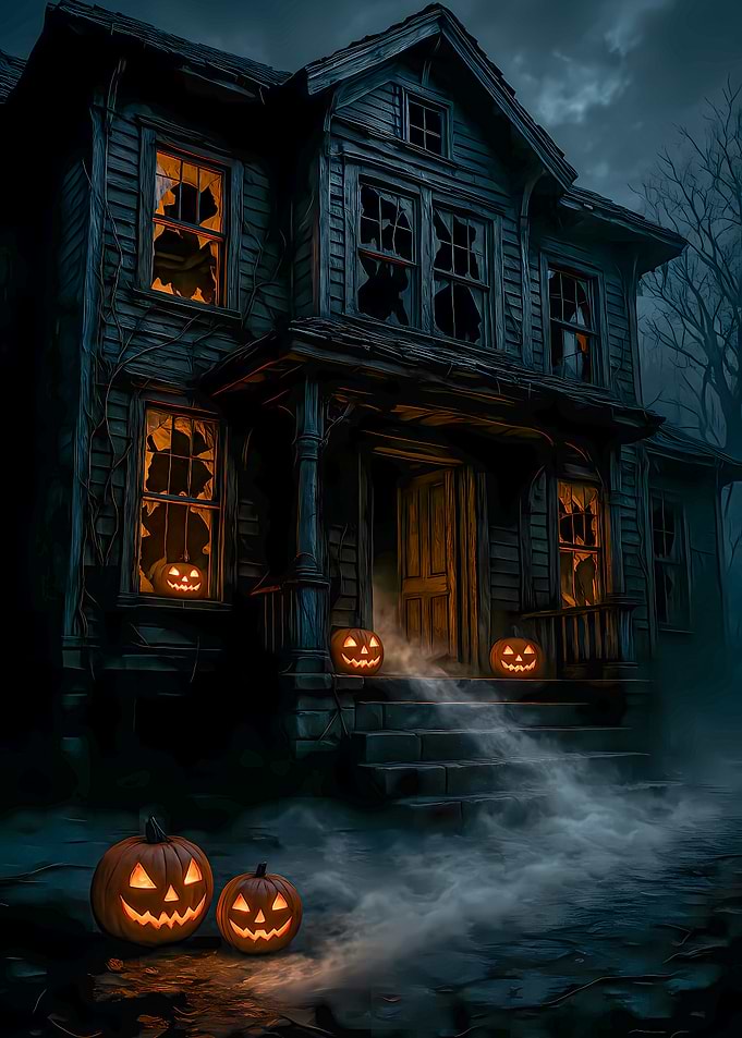Spooky Halloween House with Jack-o'-Lanterns