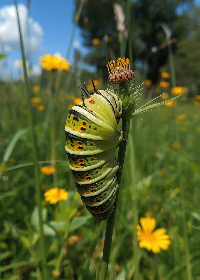 Caterpillar on a Stem in Meadow