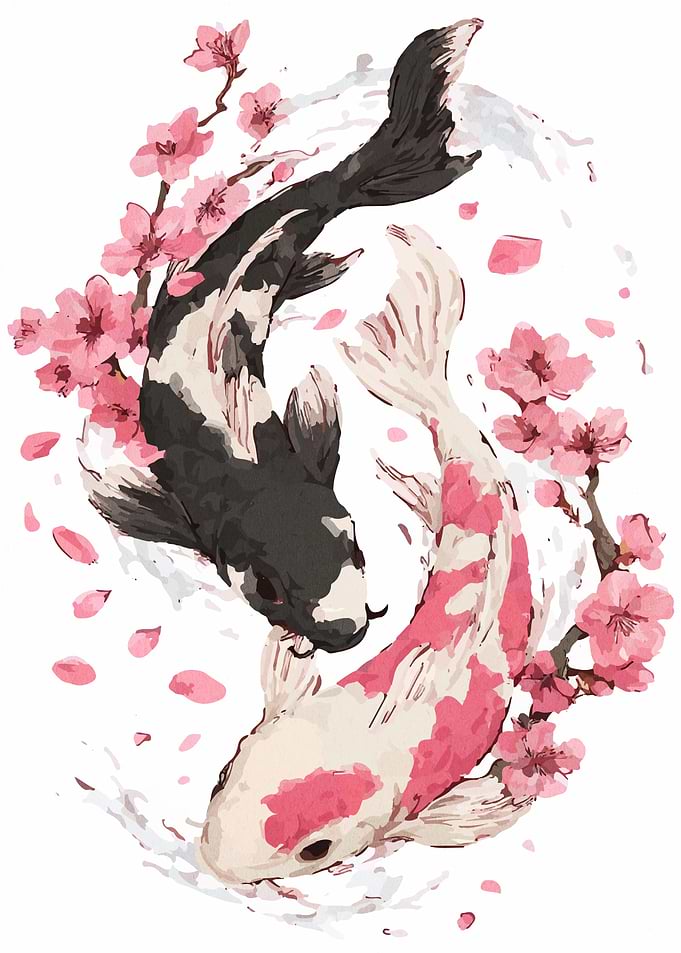 Koi Fish and Cherry Blossoms Art
