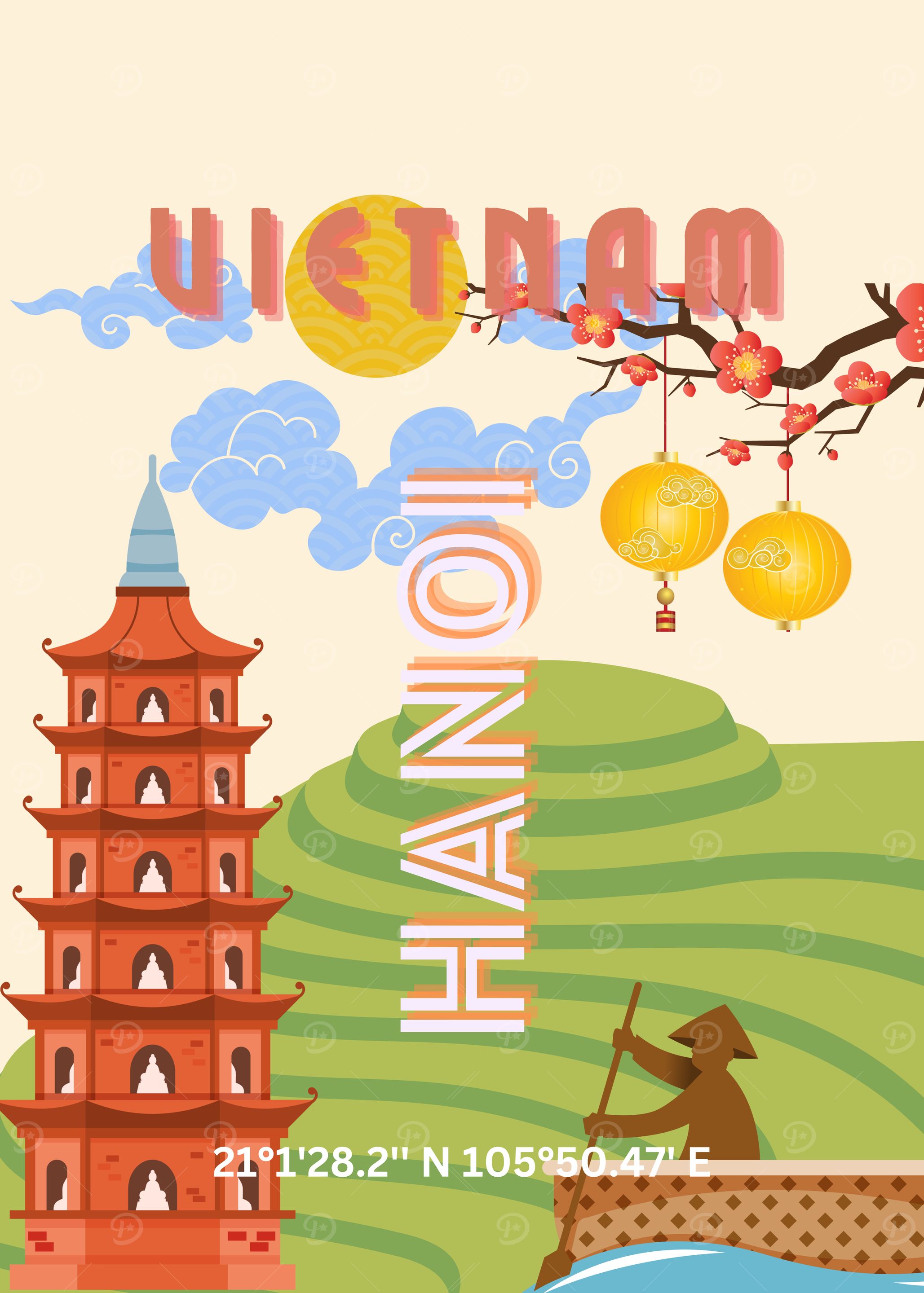 Vietnam Hanoi Travel Poster Illustration