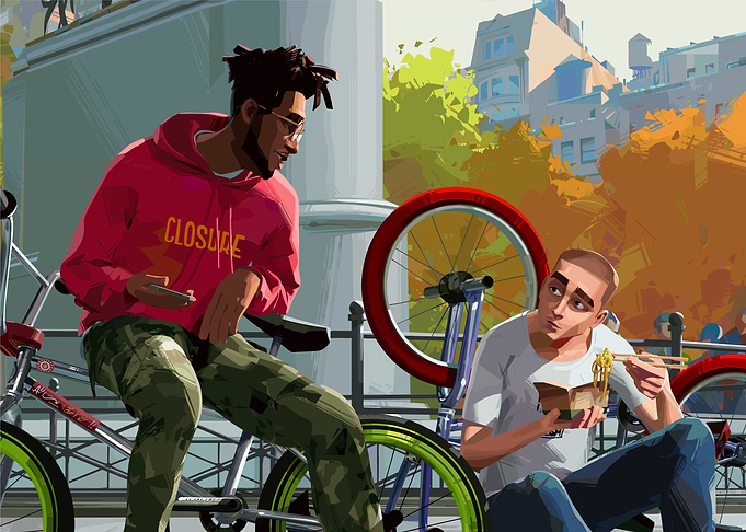 Two Friends with Bikes and Noodles