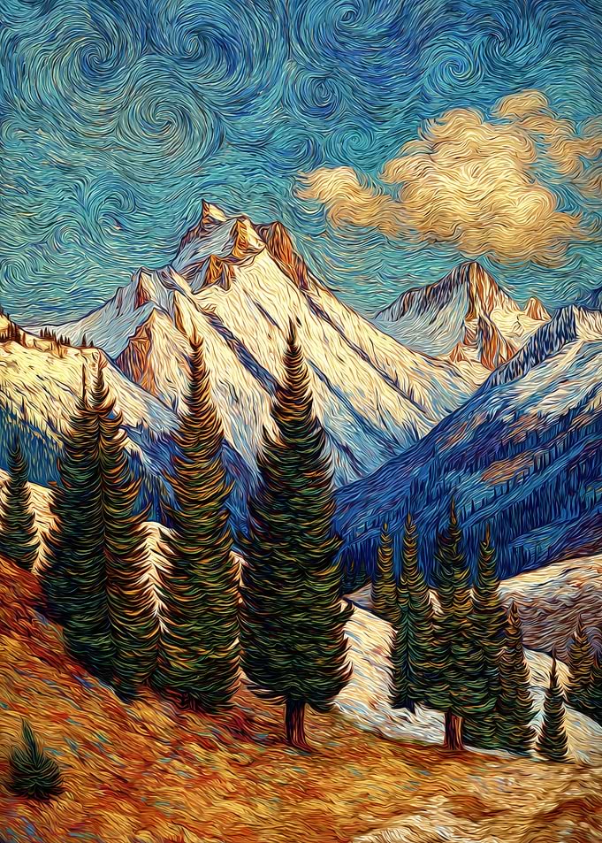 Mountain Landscape Painting with Pine Trees