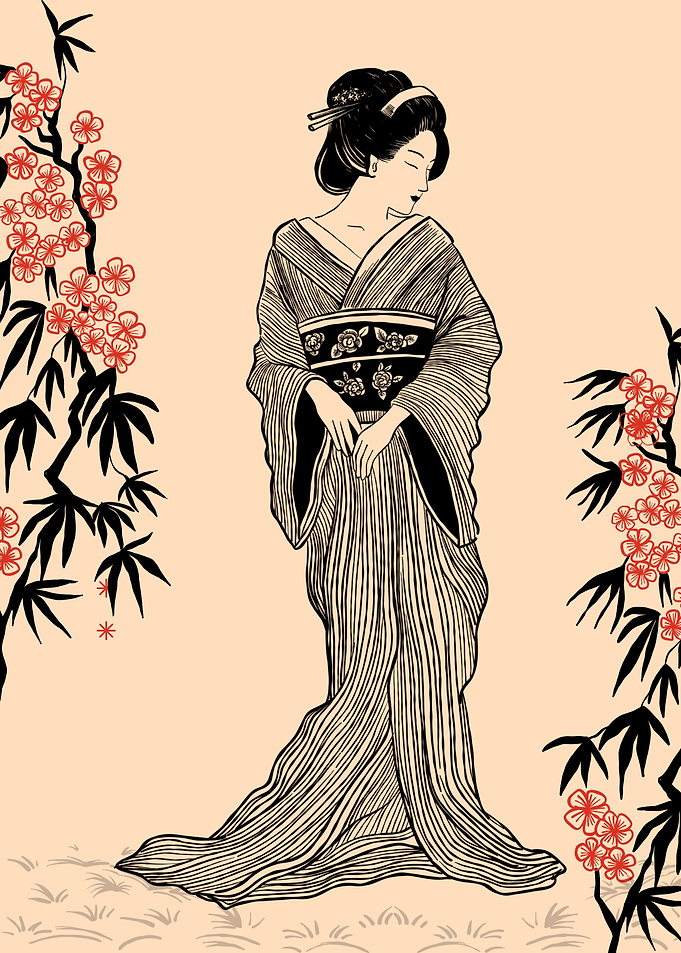 Geisha in Kimono with Cherry Blossoms