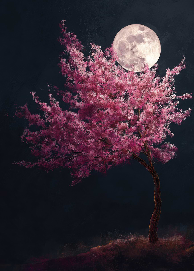 Cherry Blossom Tree Under Moonlight