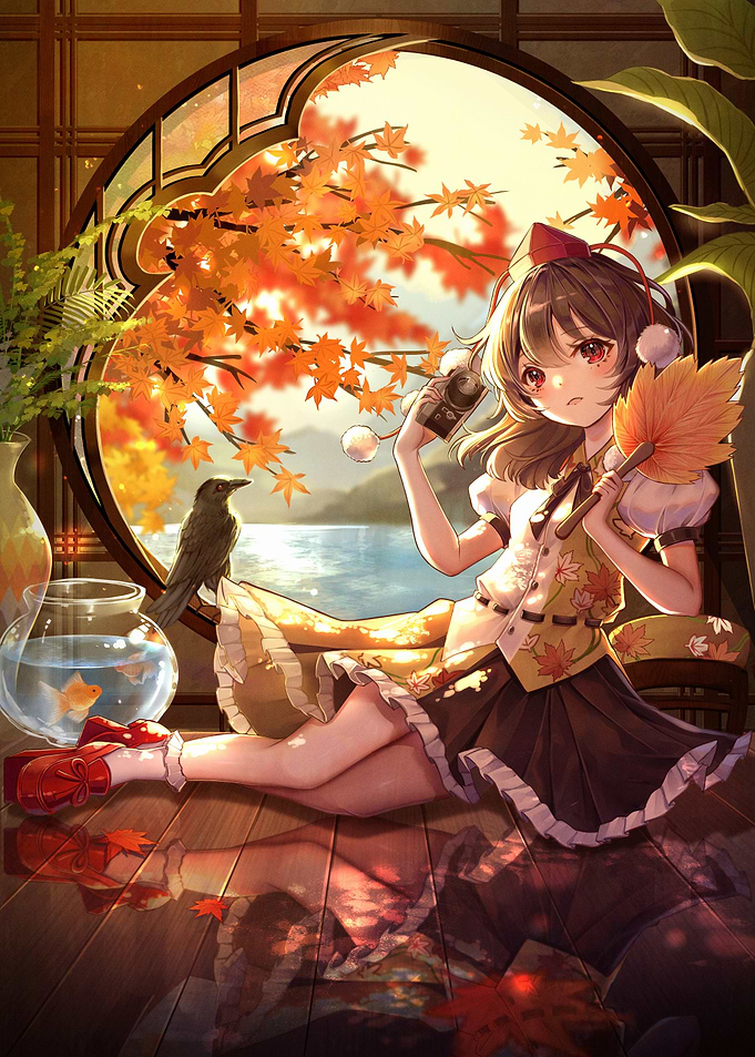 Anime Girl with Autumn Leaves and Crow