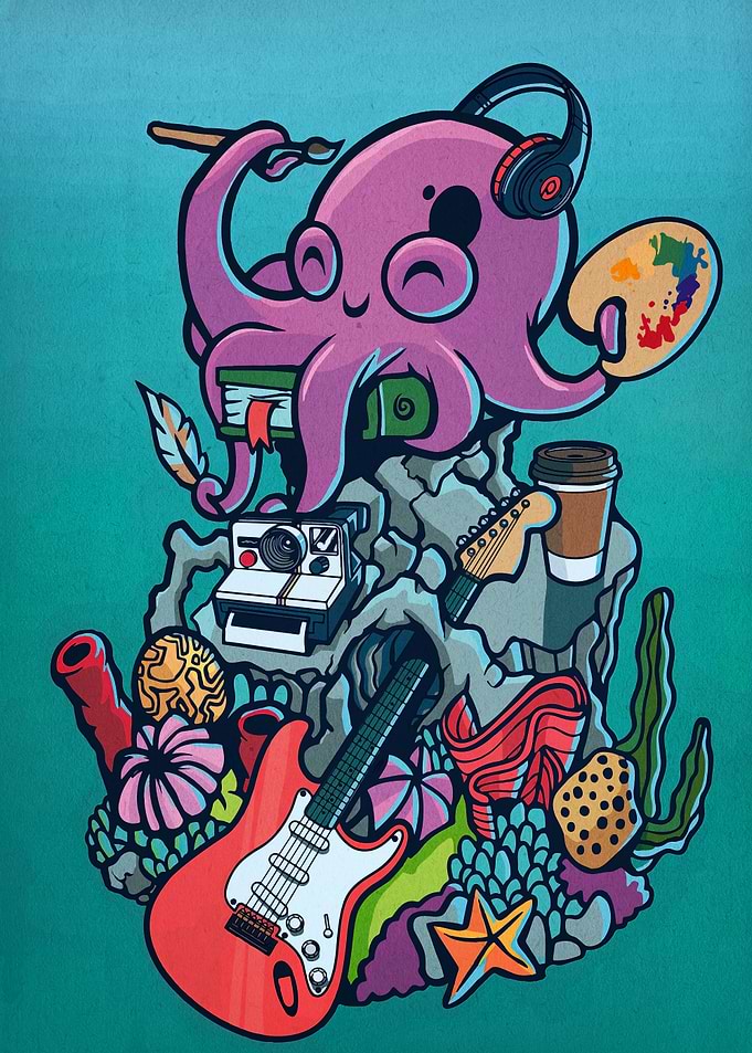 Creative Octopus Illustration with Artistic Elements