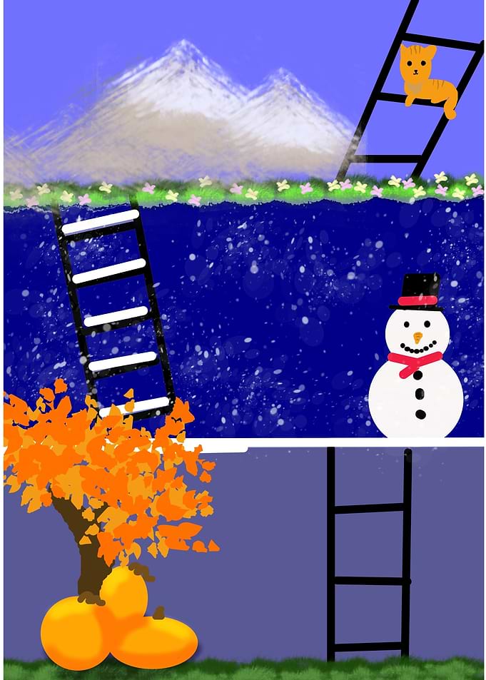 Whimsical Winter Landscape with Cat and Snowman