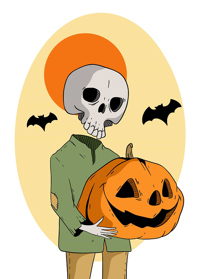 Halloween Skull Holding Pumpkin Illustration