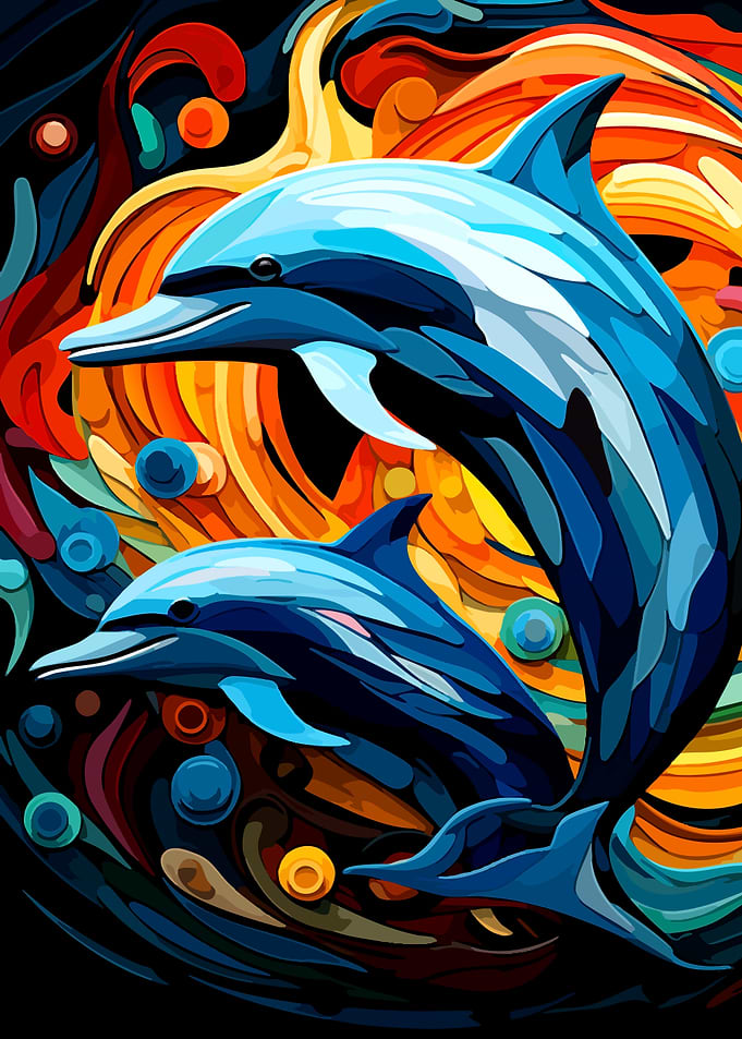 Dolphins in Abstract Colorful Ocean
