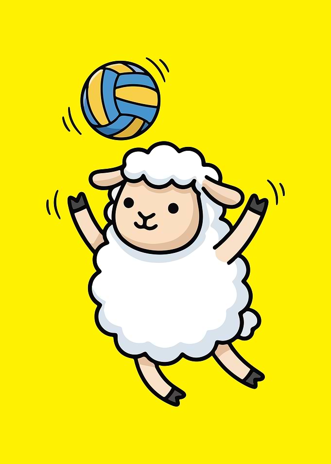 Cartoon Sheep Playing Volleyball on Yellow