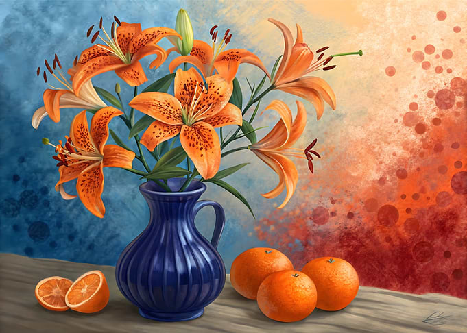 Vibrant Tiger Lilies with Fresh Oranges: Artistic Still Life