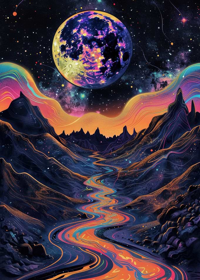 Psychedelic Moon Over Cosmic Landscape