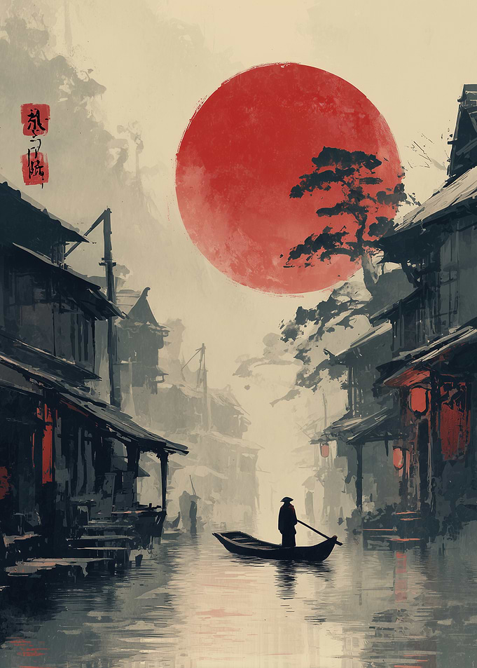 Japanese Village with Boat and Red Sun