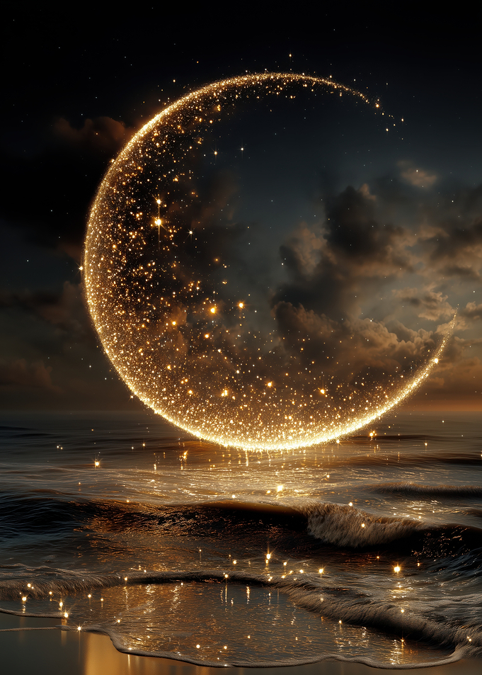 Golden Crescent Moon Over Ocean