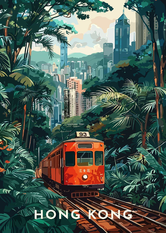 Hong Kong Tram through Lush Greenery