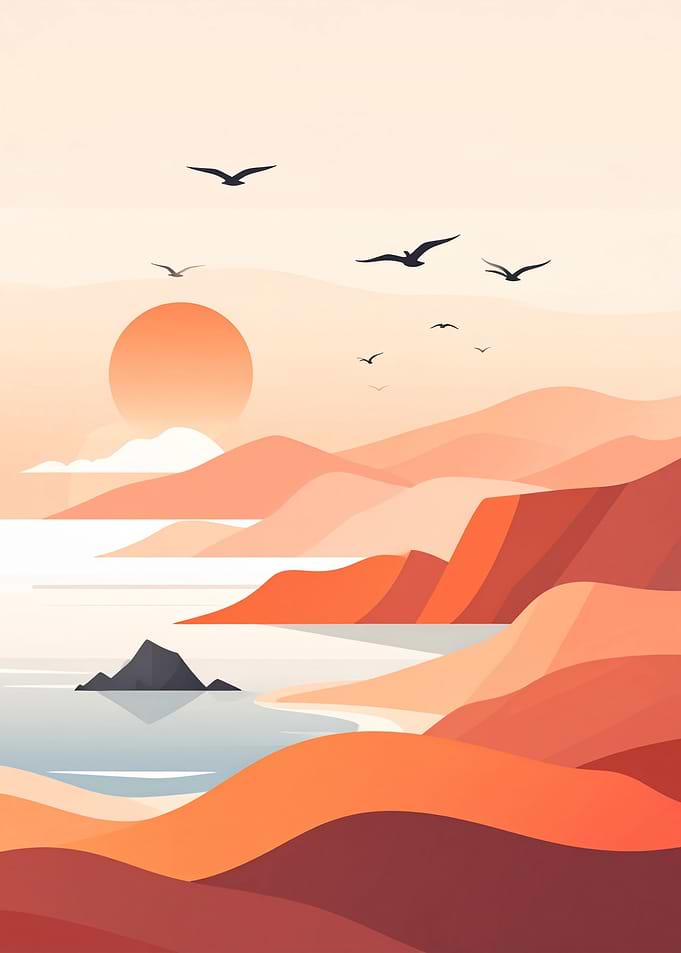 Minimalist Coastal Landscape with Birds
