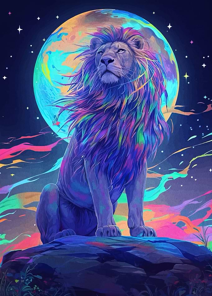 Colorful Lion with Moon Background