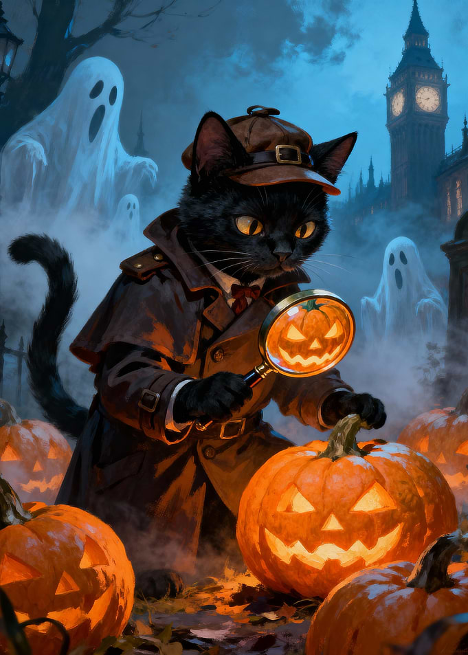 Detective Cat Investigates Halloween Pumpkins