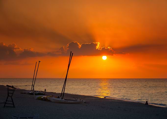 Beach Sunset with Sailboats, Cuba