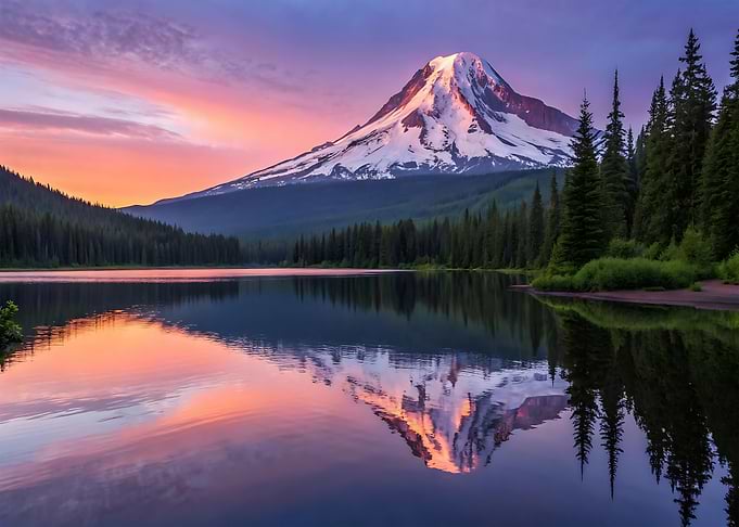 Mountain Reflection at Sunset in Forest Nature