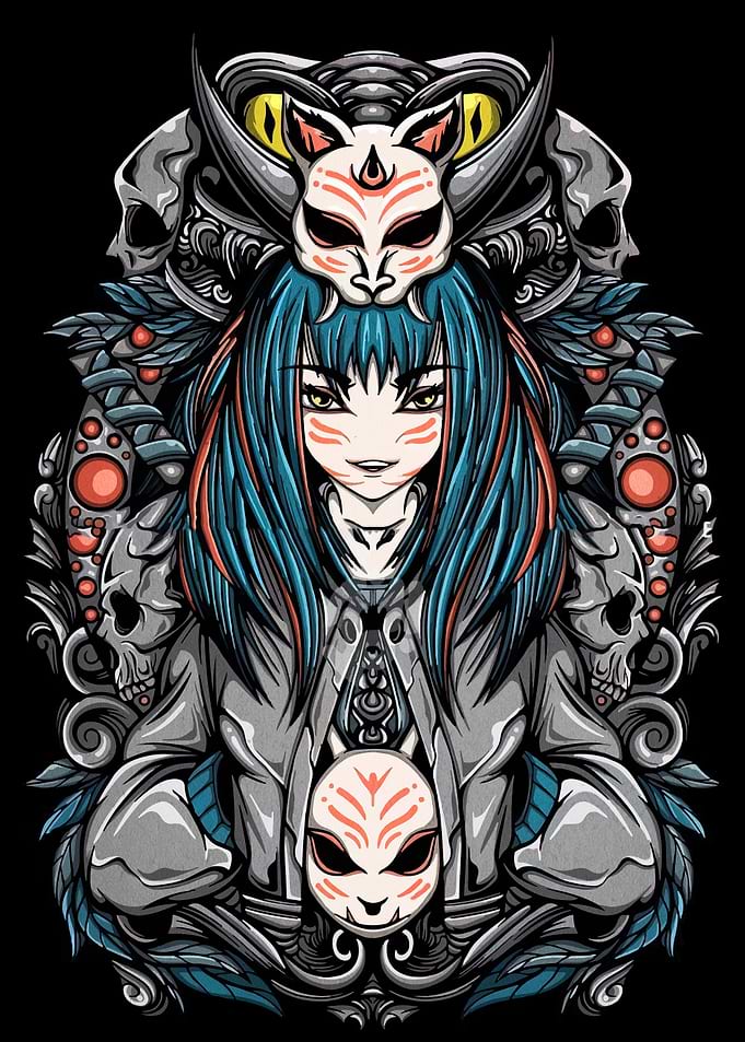 Anime Girl with Masks and Skulls
